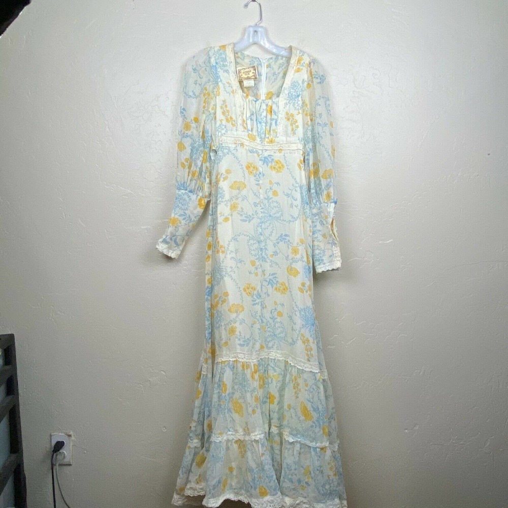 Vintage Gunne Sax cream floral blue and yellow long prairie dress- 5